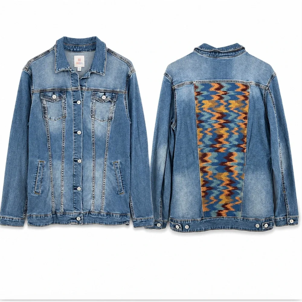 LuLaRoe Jaxon Denim Jacket XL Southwestern Aztec Knit Back Panel Boho Western